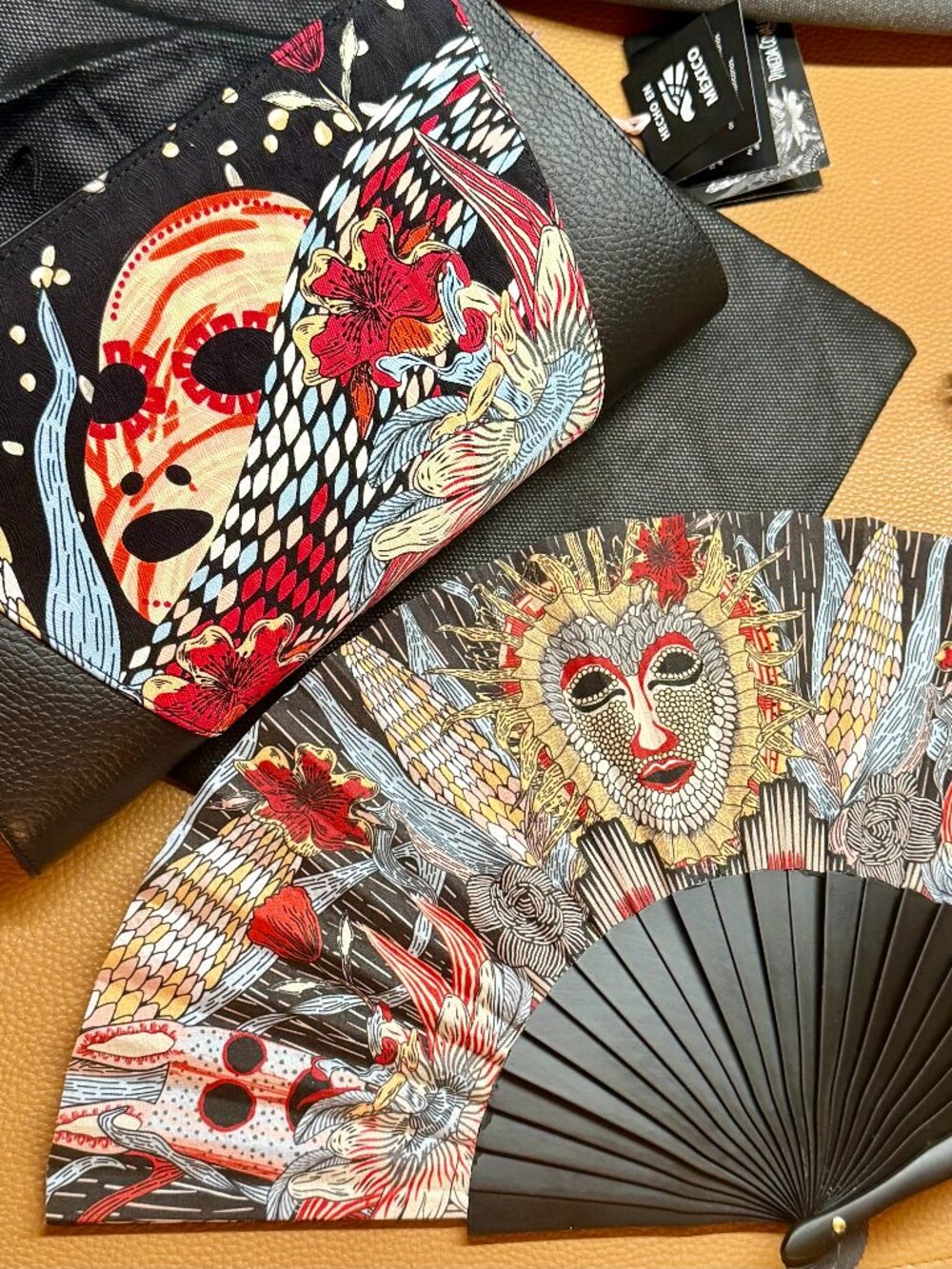 Rare Pineda Covalin Leather and Silk Clutch w/matching Fan